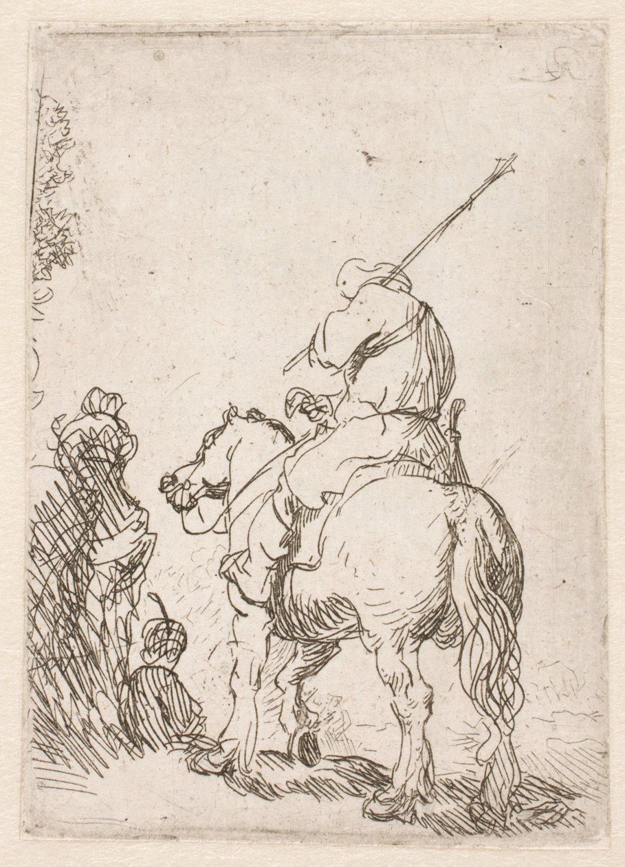 Een soldaat met een tulband te paard door Rembrandt van Rijn