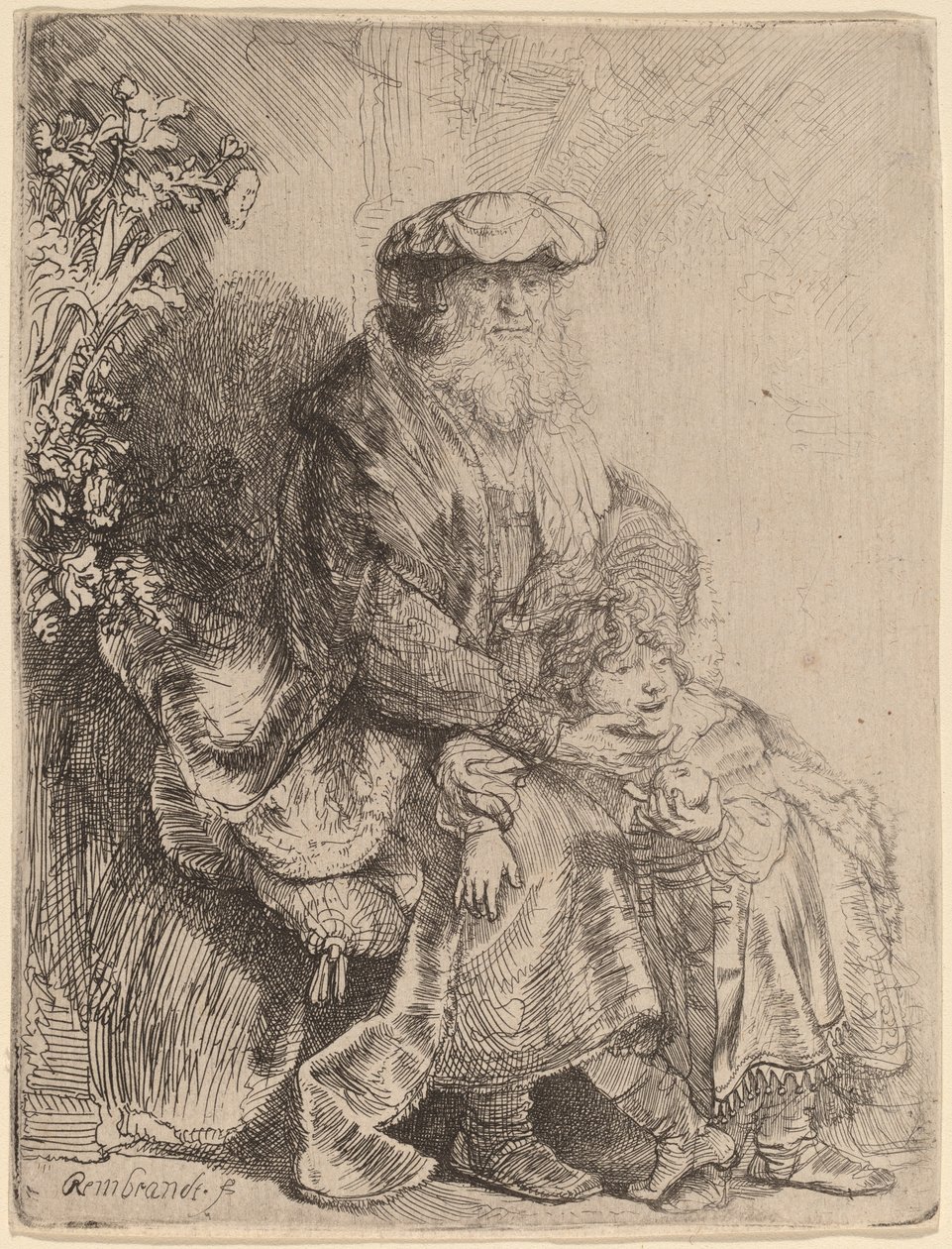 Abraham streelt Isaac door Rembrandt van Rijn