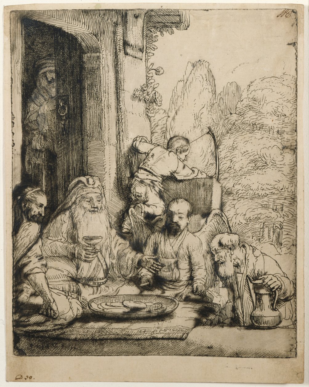 Abraham ontvangt de engelen door Rembrandt van Rijn