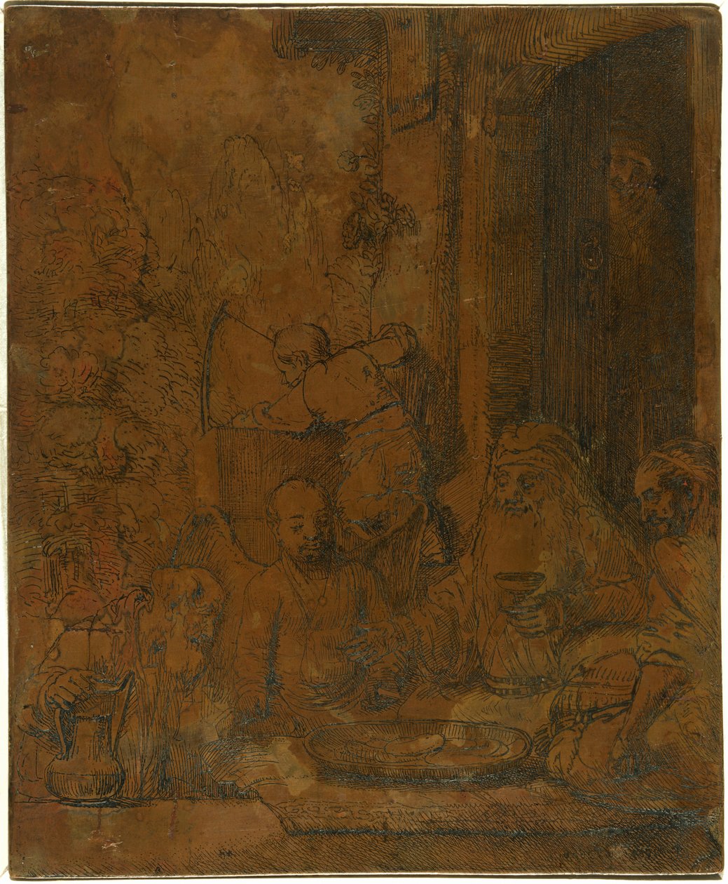 Abraham ontvangt de engelen [voorkant] door Rembrandt van Rijn