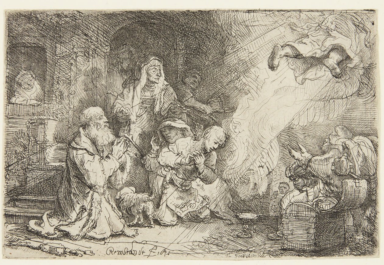 De engel neemt afscheid van de familie van Tobias door Rembrandt van Rijn