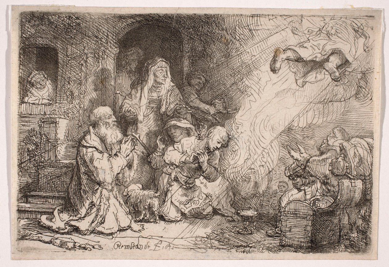 De engel die het gezin van Tobias verlaat door Rembrandt van Rijn