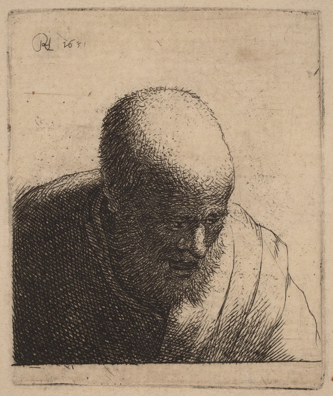 Kale man met open mond, die naar beneden kijkt door Rembrandt van Rijn