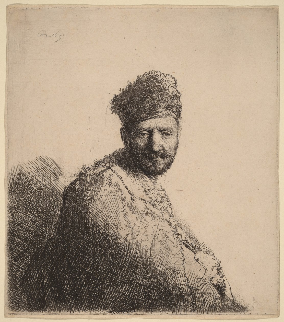 Een man met een baard, met een met bont afgewerkte oosterse muts en mantel: de vader van de kunstenaar door Rembrandt van Rijn