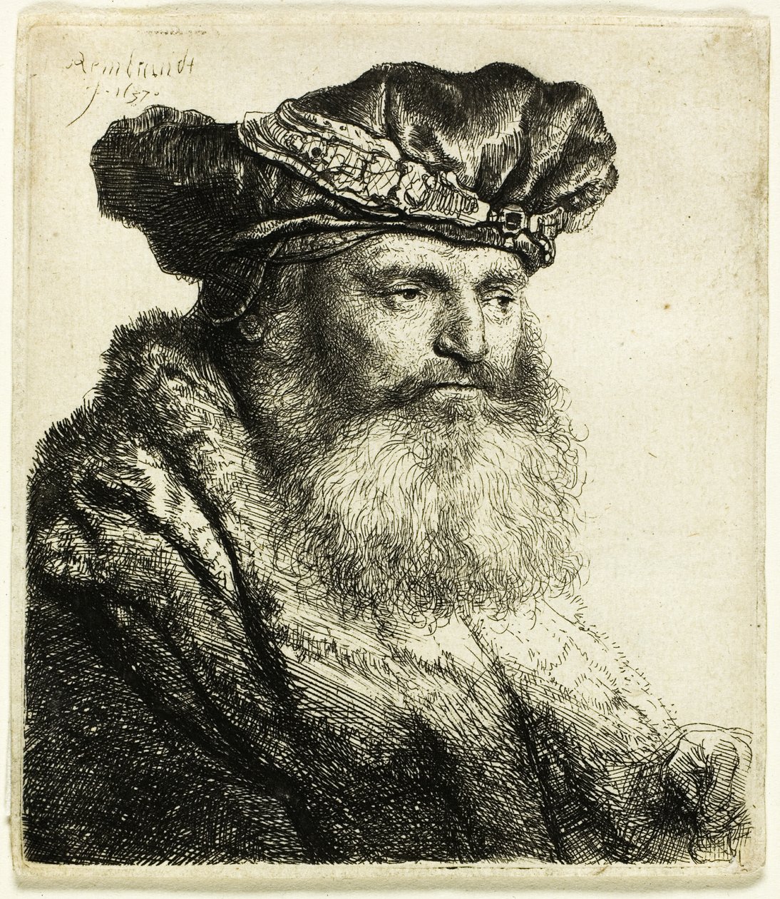Baardige man in een fluwelen muts met juweelklem door Rembrandt van Rijn