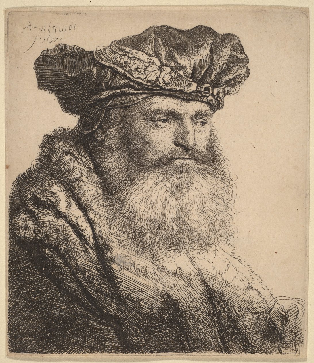 Een man met een baard, met een fluwelen muts met een juwelenklem door Rembrandt van Rijn