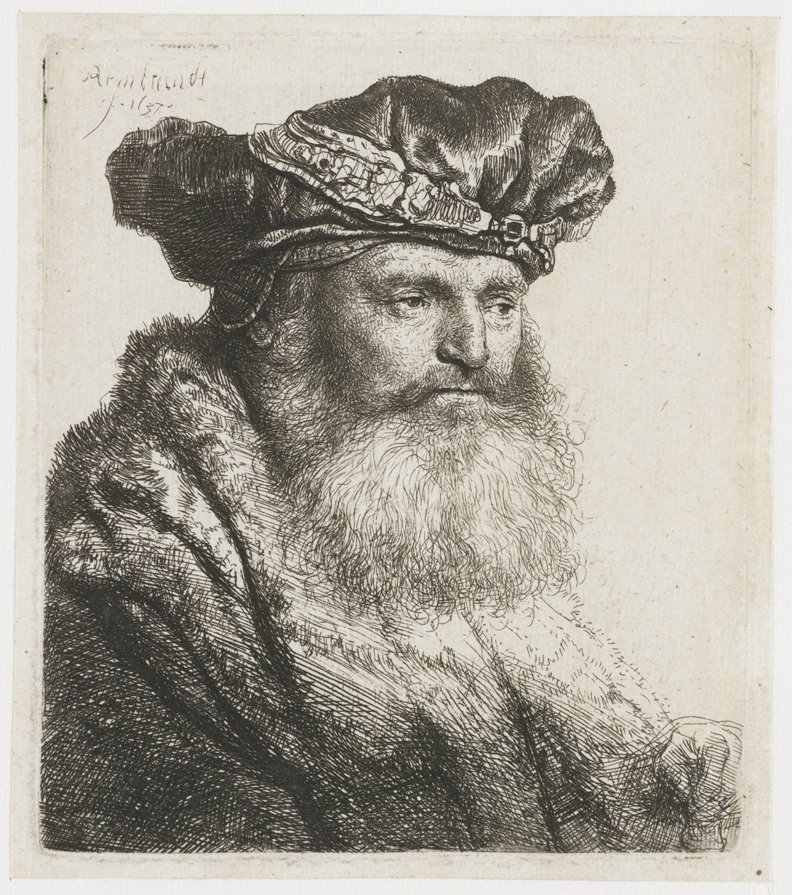 Bearded Man in a Velvet Cap with a Jewelled Clasp door Rembrandt van Rijn