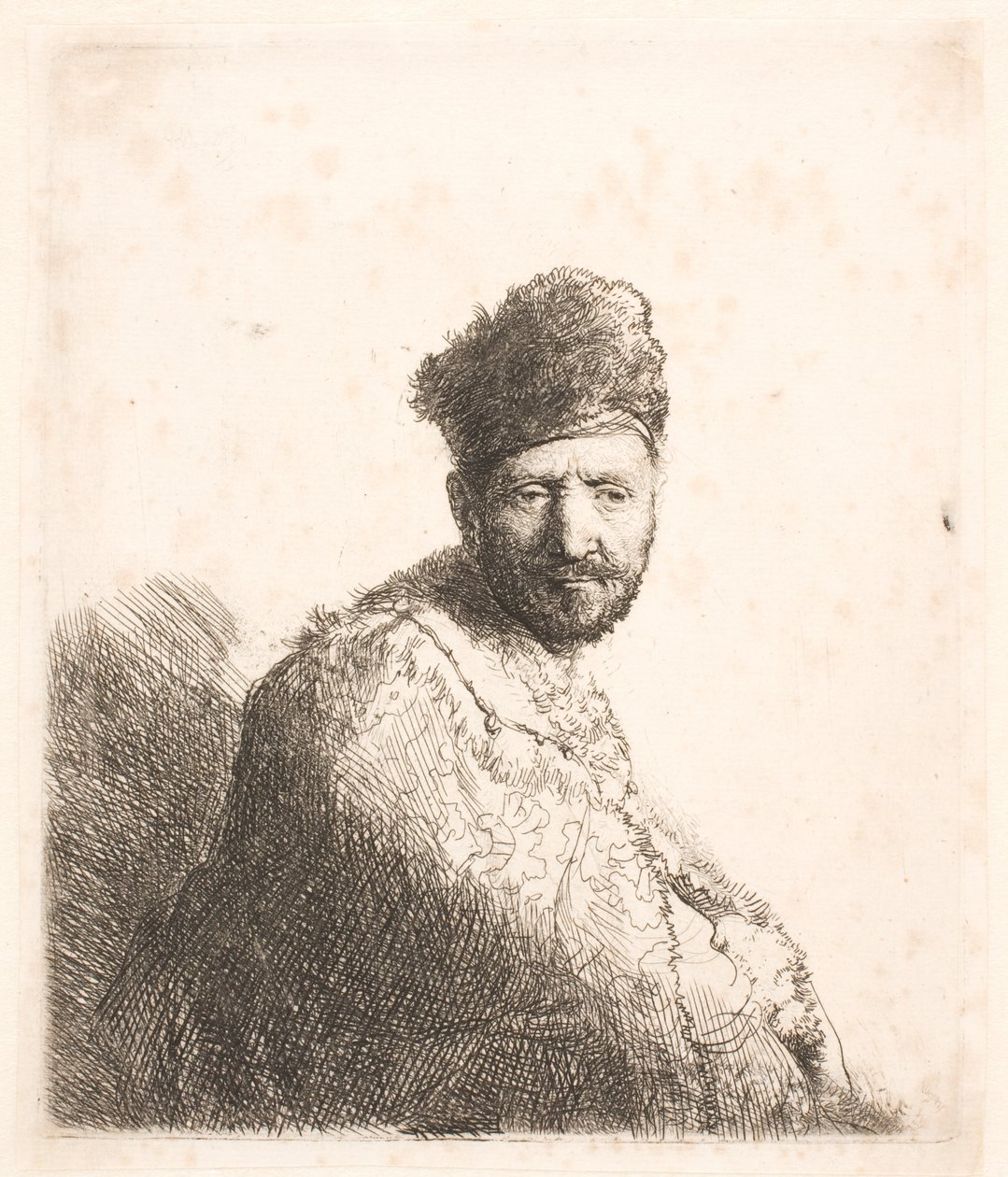 Man met baard (Rembrandts vader) met een met bont afgezette oosterse muts en mantel: halflang portret door Rembrandt van Rijn