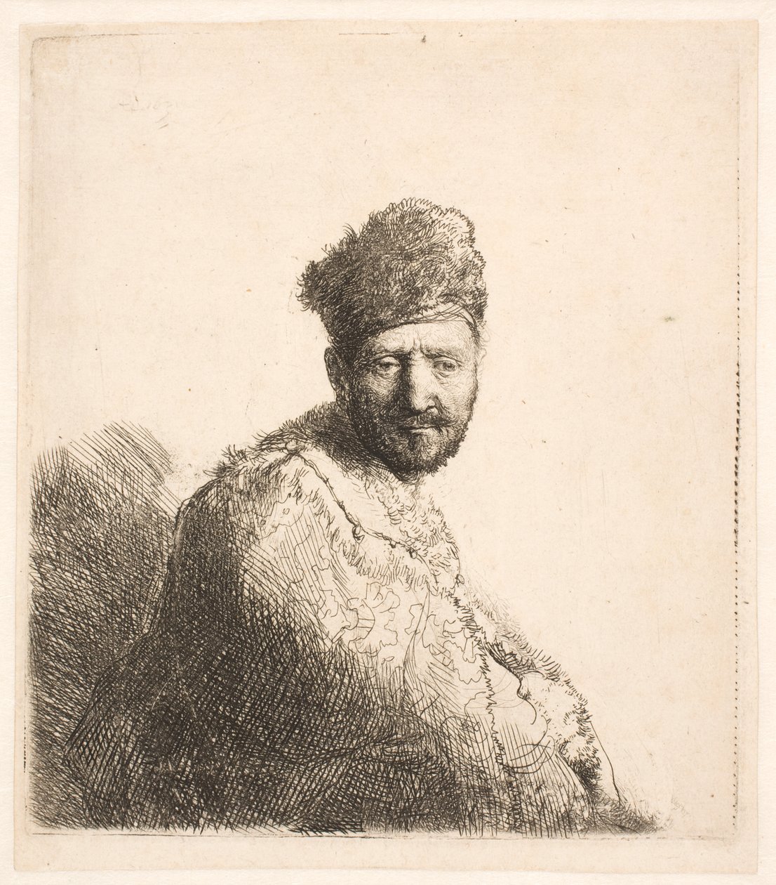Man met baard (Rembrandts vader) met een met bont afgezette oosterse muts en mantel: halflengteportret door Rembrandt van Rijn