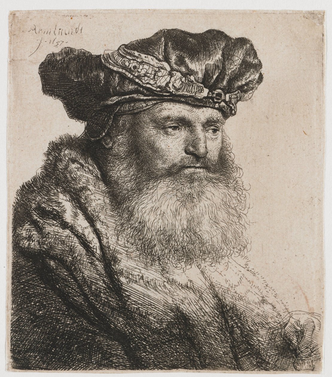 Bearded man in a velvet cap with a jewel clasp door Rembrandt van Rijn