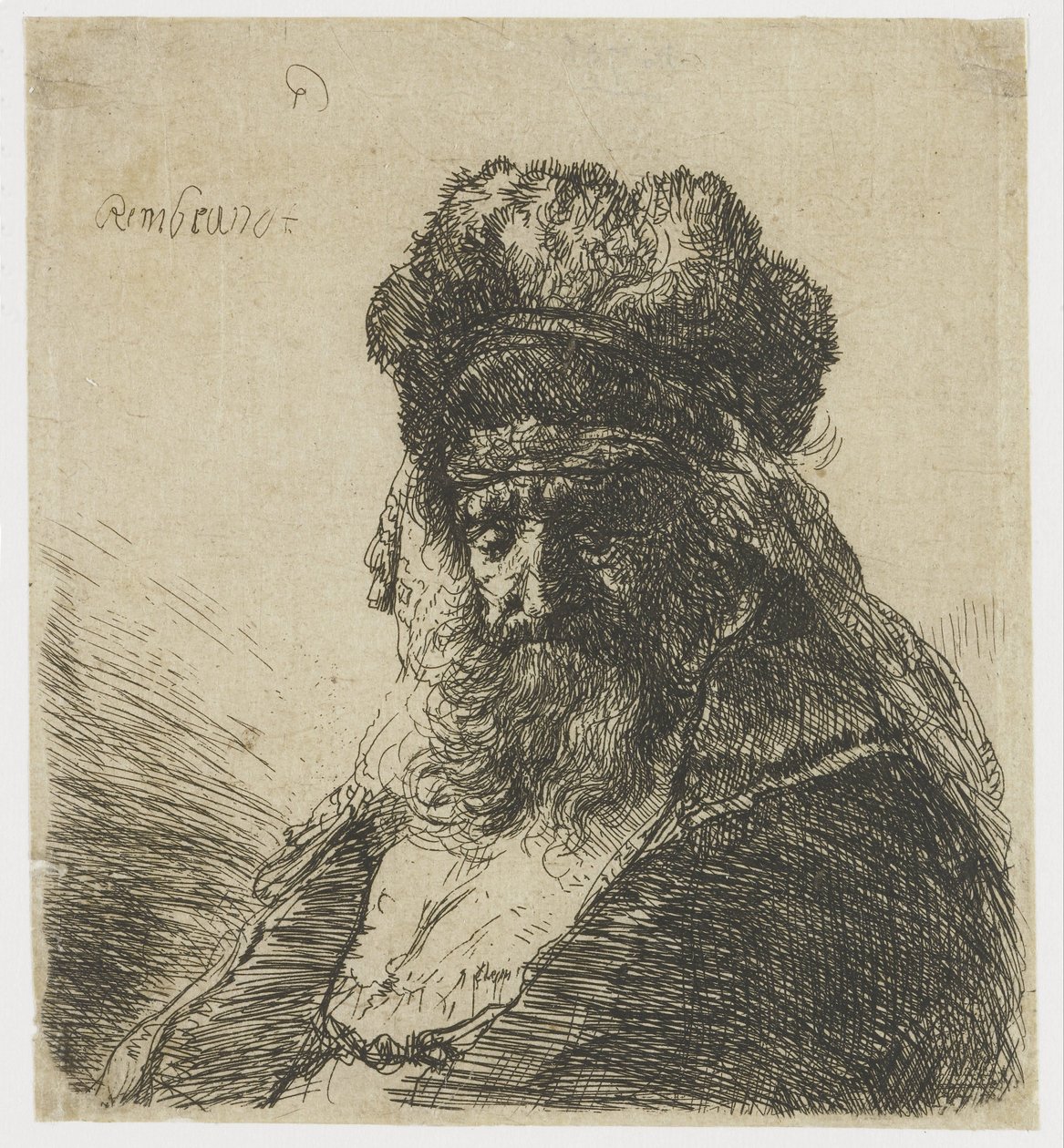 Bejaarde man met baard en hoge bontmuts, met gesloten ogen door Rembrandt van Rijn