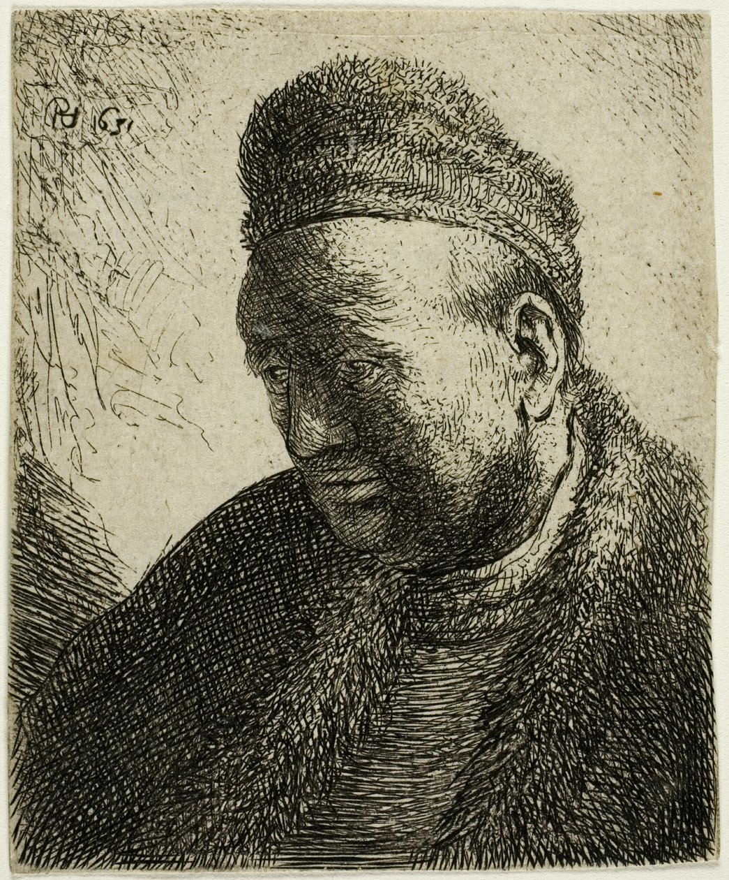 Baardloze Man in een Bontjas en Muts: Buste door Rembrandt van Rijn