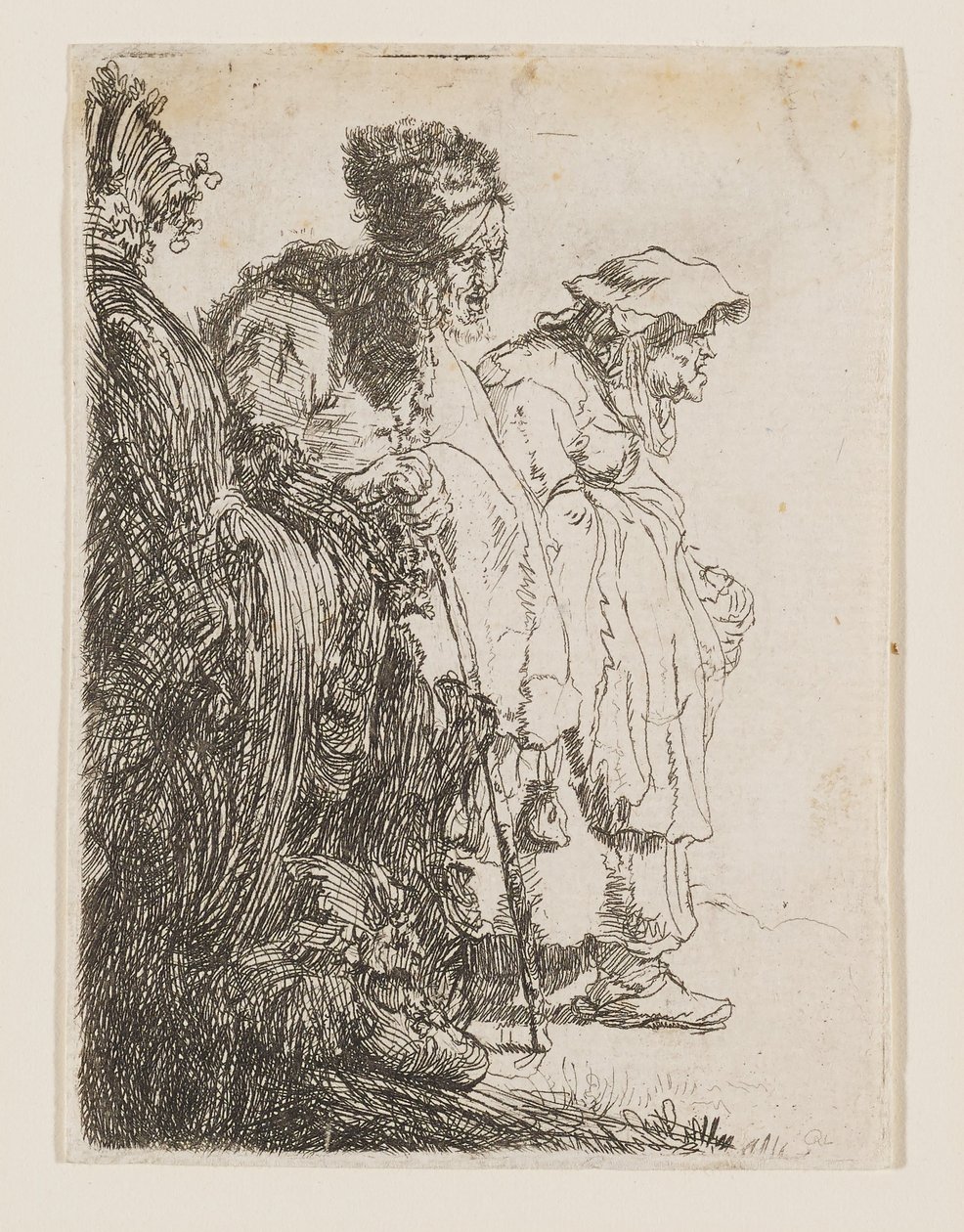 Een bedelaar en een bedelaarster achter een bank door Rembrandt van Rijn