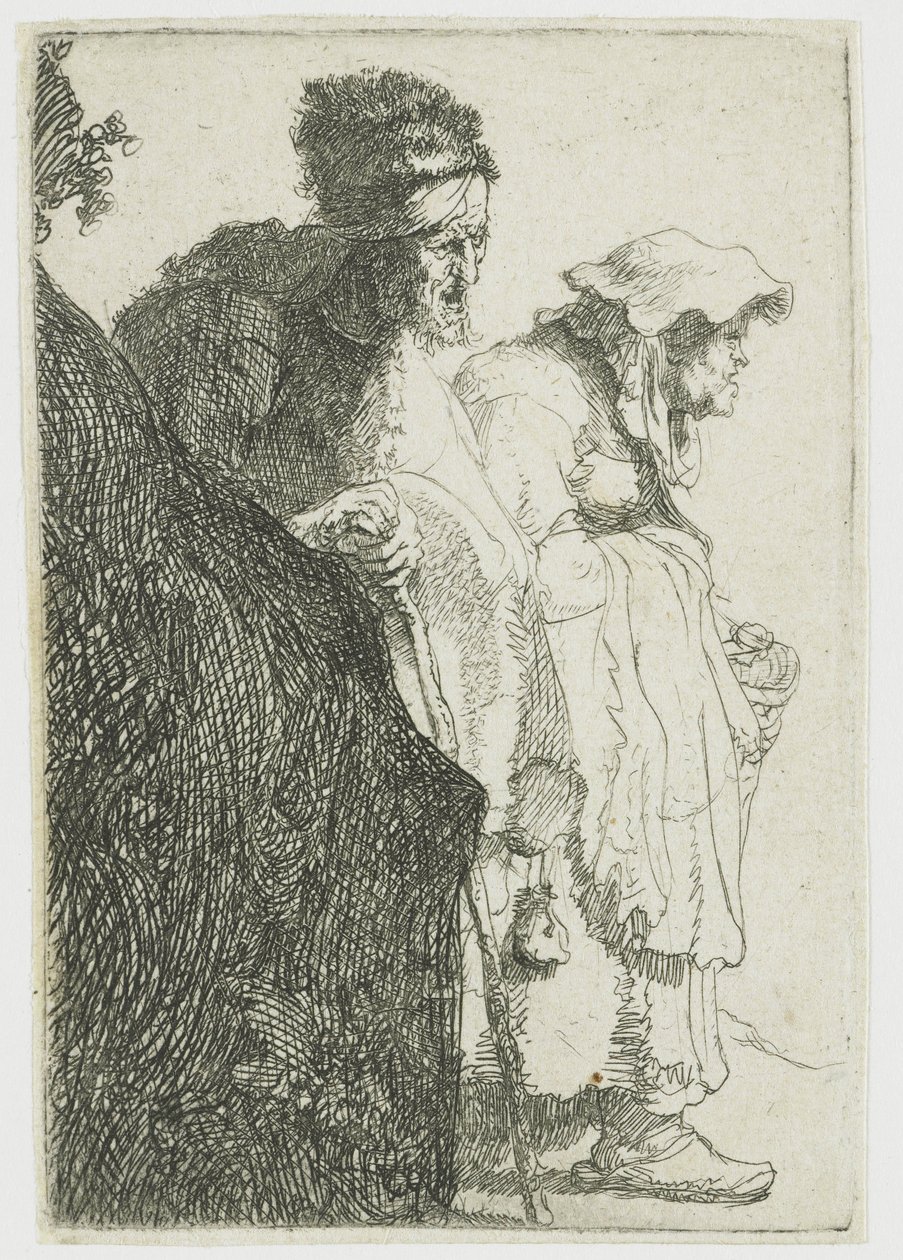 Bedelaar man en vrouw achter een bank door Rembrandt van Rijn