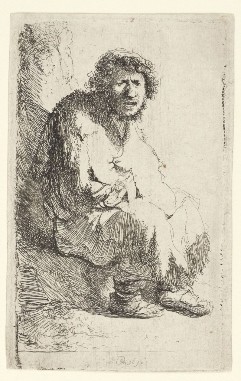 Bedelaar zittend op een oever door Rembrandt van Rijn