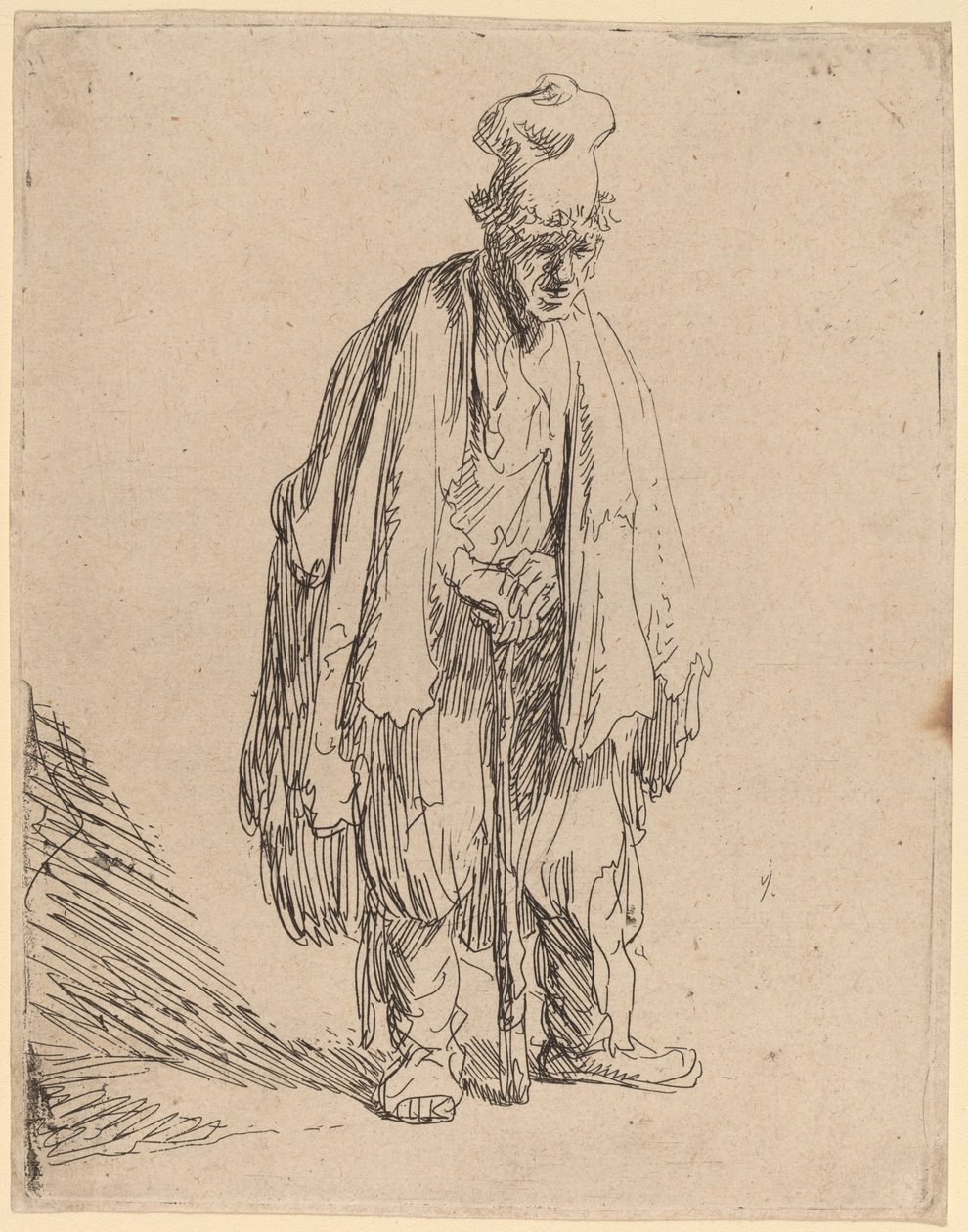 Bedelaar met een hoge muts, staand en leunend op een stok door Rembrandt van Rijn