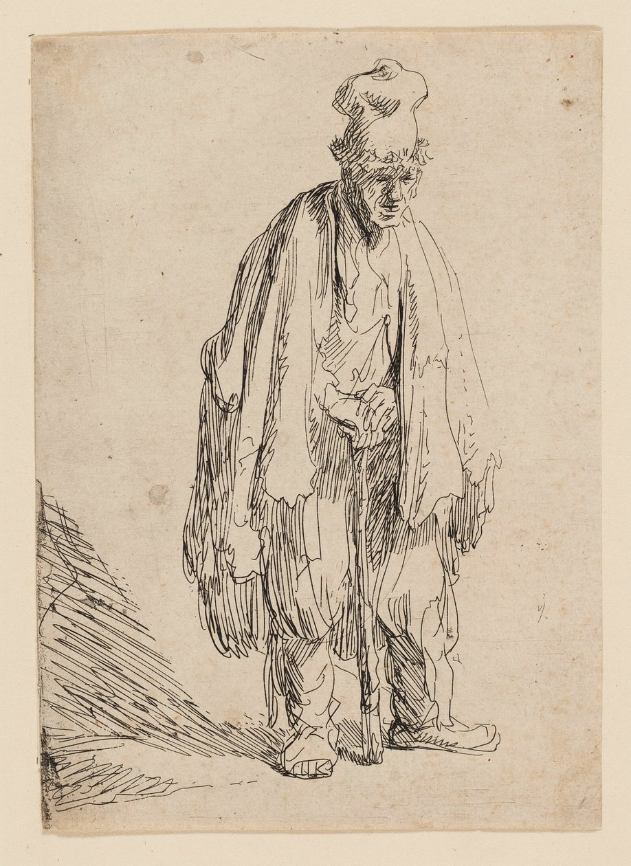 Bedelaar met een hoge muts, staand en leunend op een stok door Rembrandt van Rijn