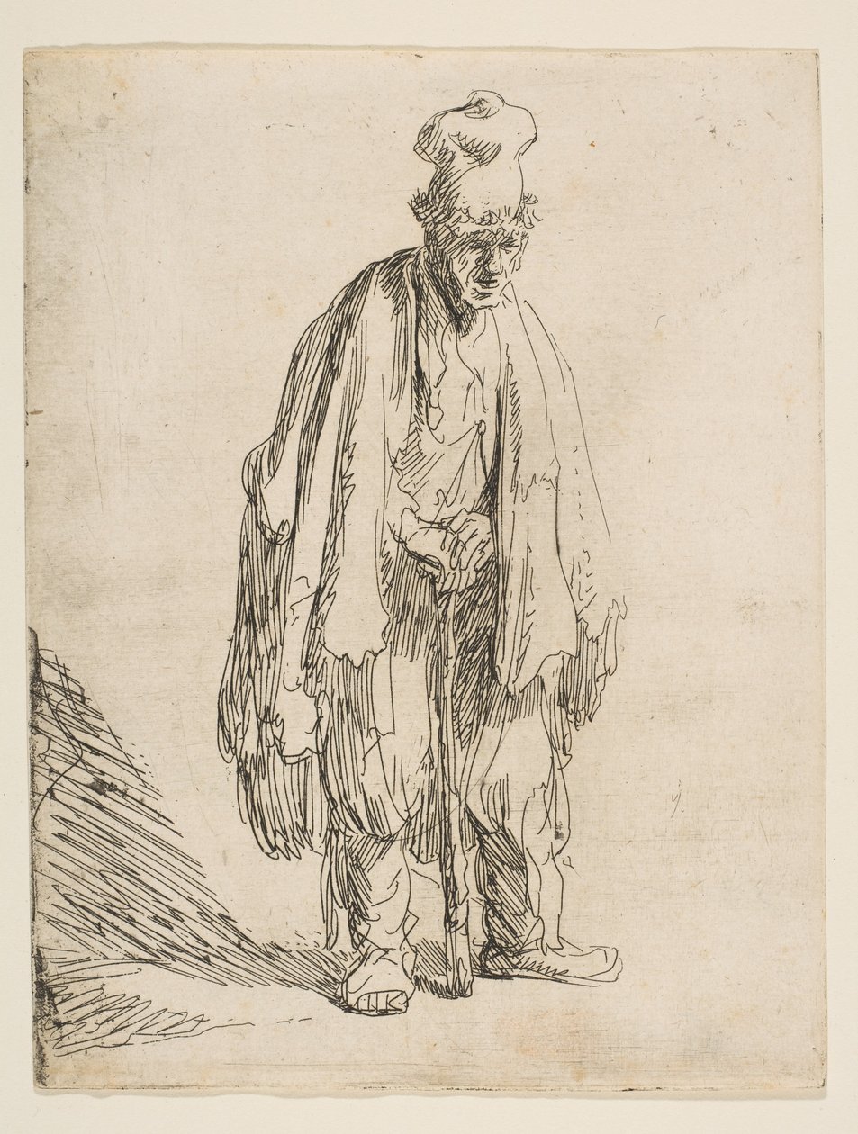 Bedelaar met een Hoge Hoed, Staand en Leunend op een Stok, ca. 1629 door Rembrandt van Rijn