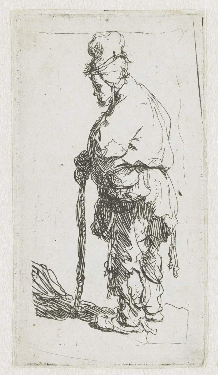 Bedelaar die op een stok leunt, naar links kijkend door Rembrandt van Rijn