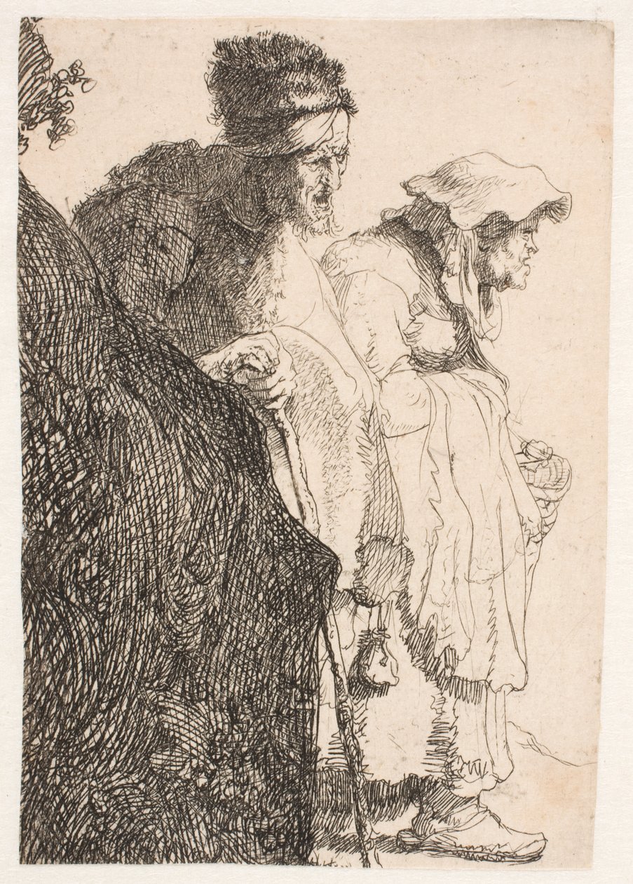Een bedelaar en een bedelaarster achter een bank door Rembrandt van Rijn