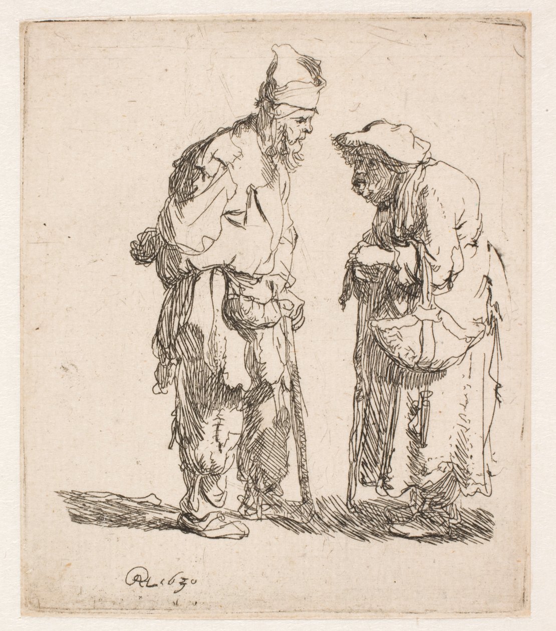 Een bedelaar en een bedelaarster in gesprek door Rembrandt van Rijn