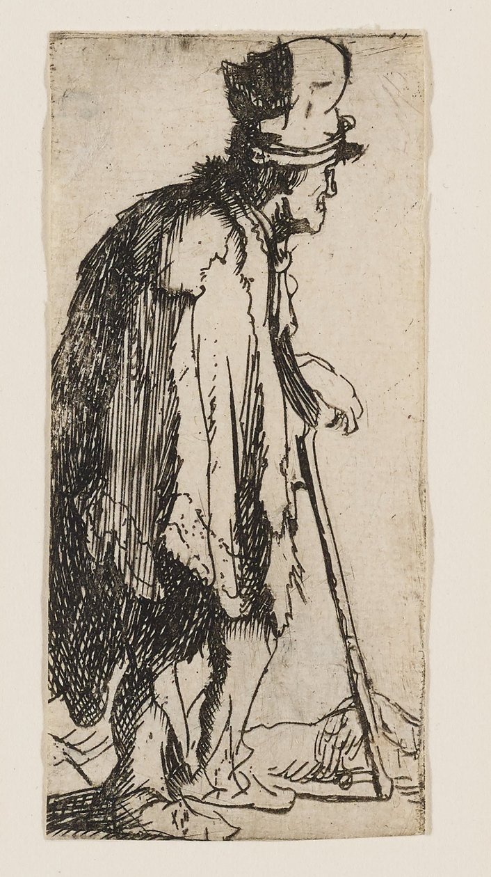 Bedelaar met een verlamde hand, leunend op een stok door Rembrandt van Rijn