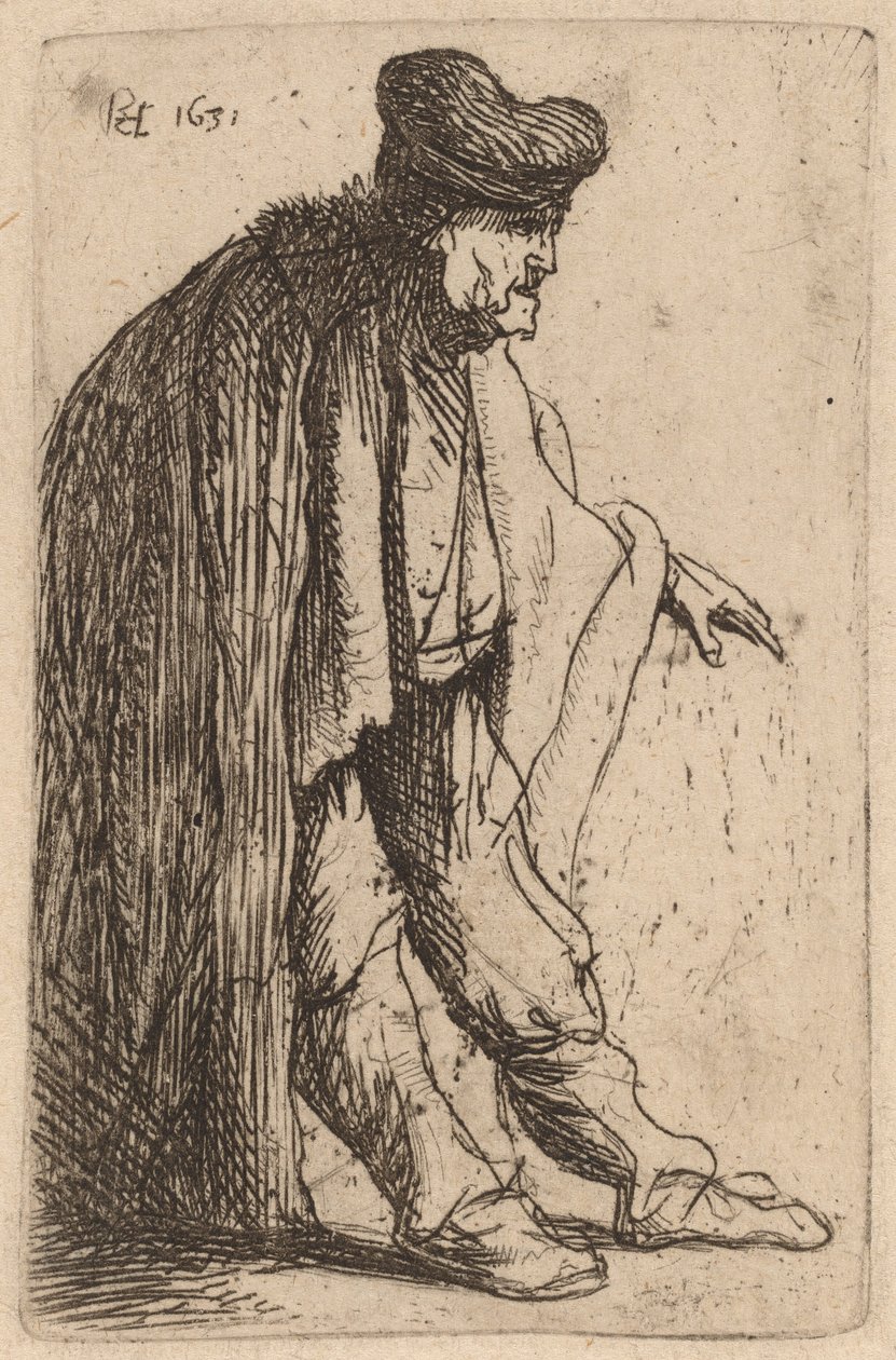 Bedelaar met zijn linkerhand uitgestrekt door Rembrandt van Rijn