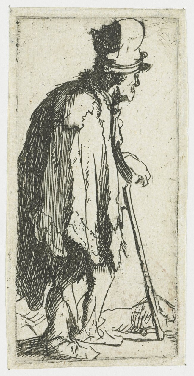 Bedelaar met een gebalde vuist, leunend op een stok door Rembrandt van Rijn