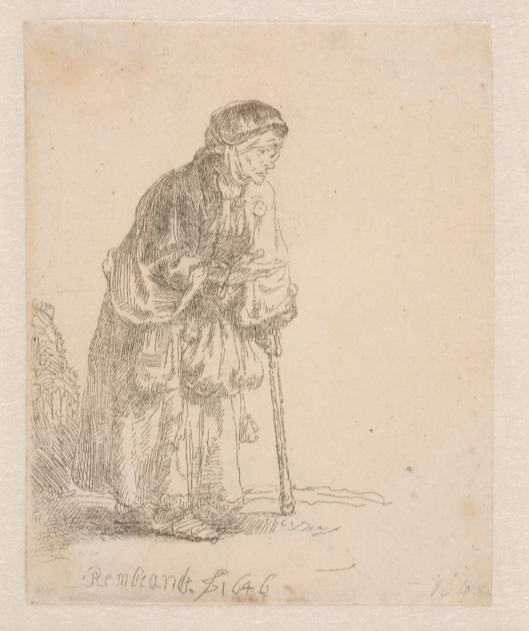 Bedelaarster die op een stok leunt door Rembrandt van Rijn