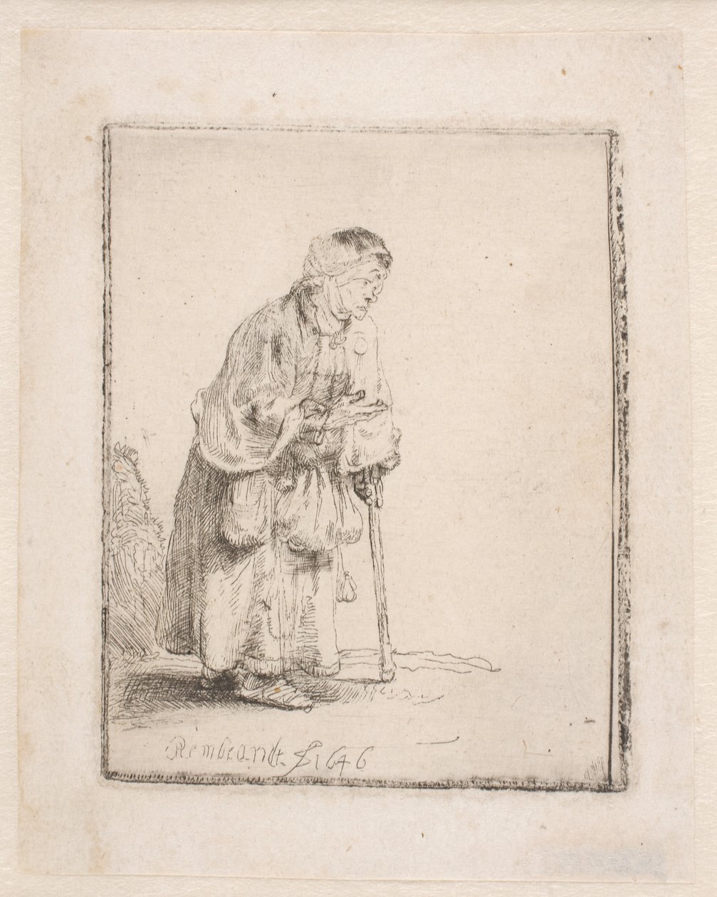 Bedelaarster die op een stok leunt door Rembrandt van Rijn