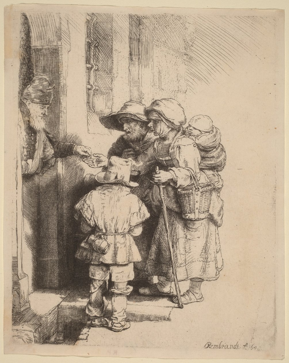 Bedelaars die aalmoezen ontvangen aan de deur van een huis door Rembrandt van Rijn