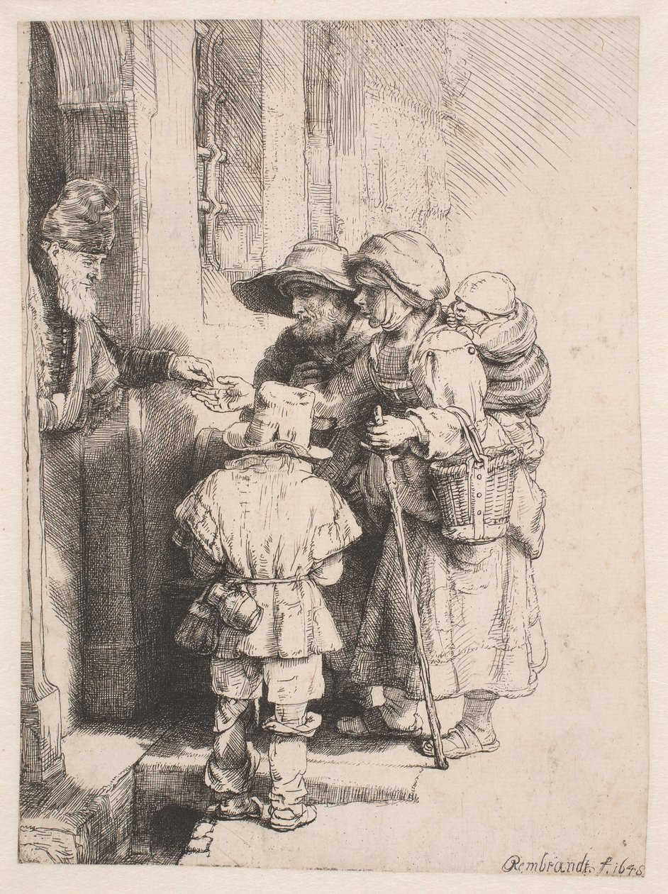 Bedelaars die aan de deur van een huis aalmoezen ontvangen door Rembrandt van Rijn