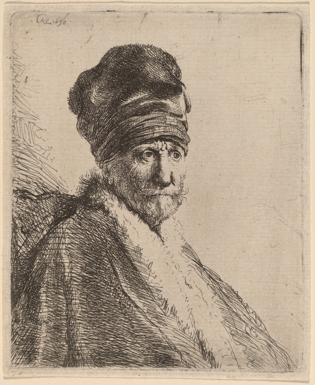 Borstbeeld van een Man met een Hoge Muts, Driekwart Rechts (De Vader van de Kunstenaar?) door Rembrandt van Rijn