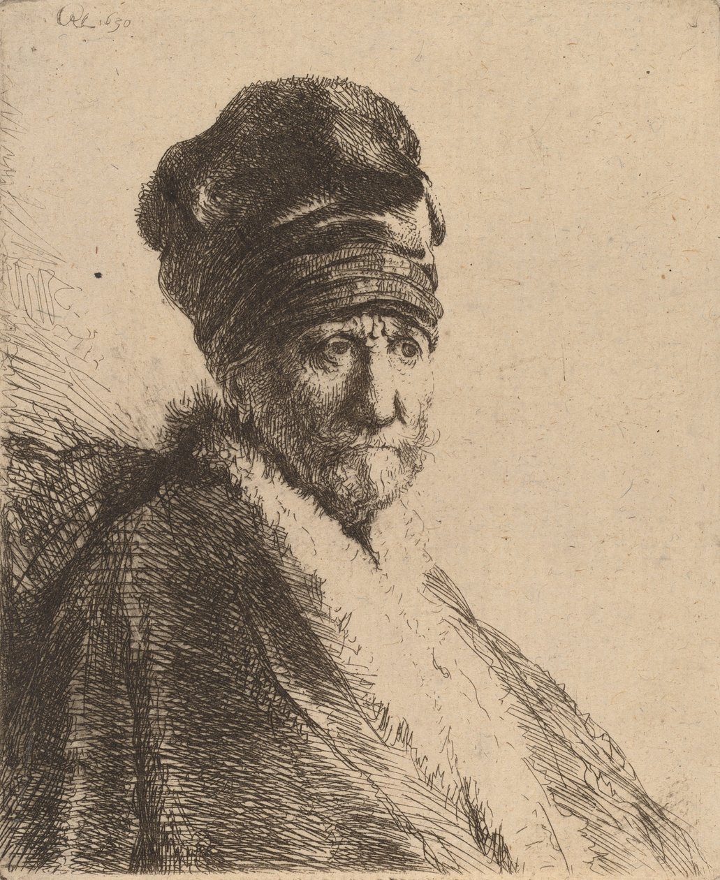 Buste van een man met een hoge hoed, drie kwart rechts (de vader van de kunstenaar) door Rembrandt van Rijn
