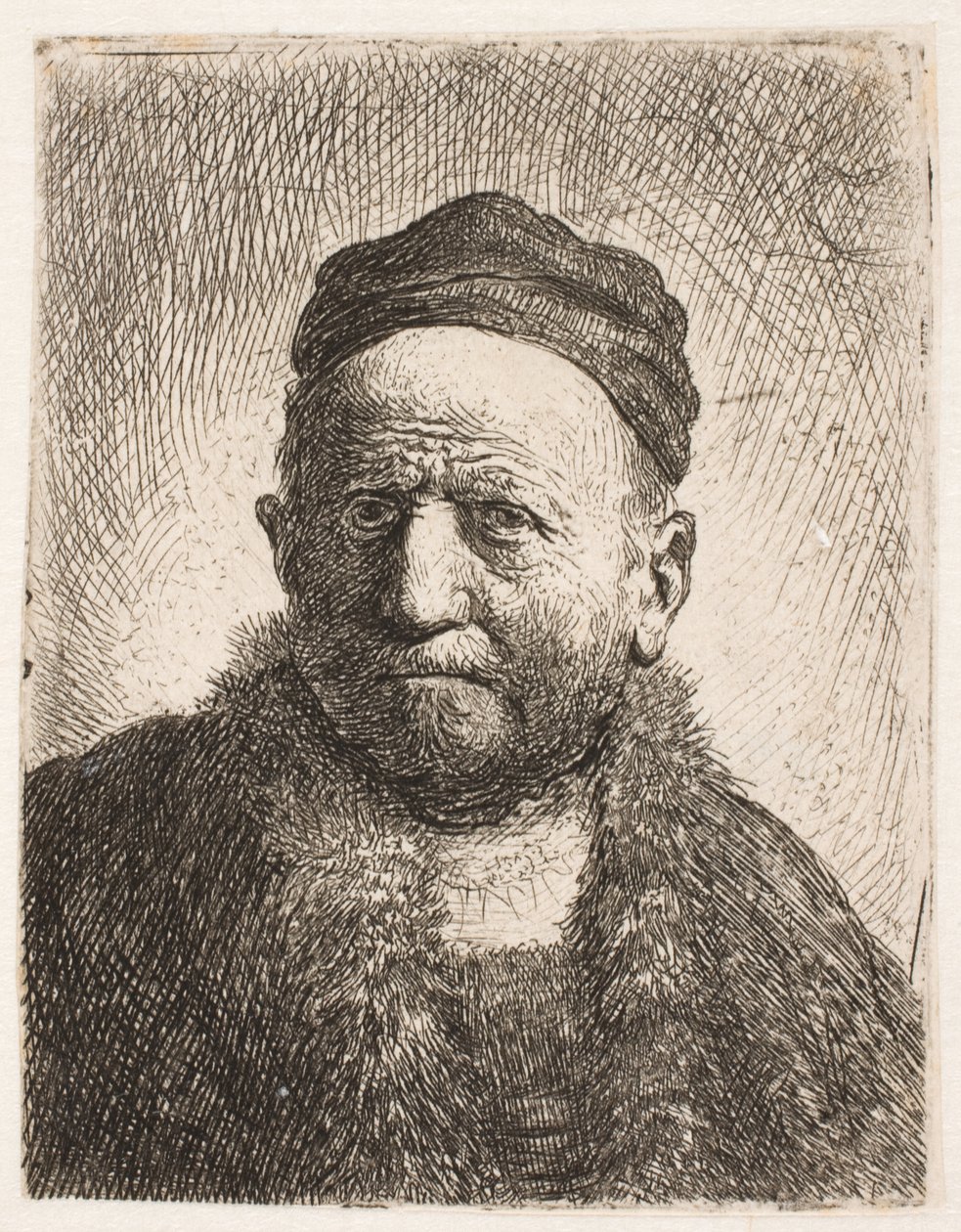 Buste van een man (Rembrandts vader) in vooraanzicht, met een nauwsluitende muts op door Rembrandt van Rijn