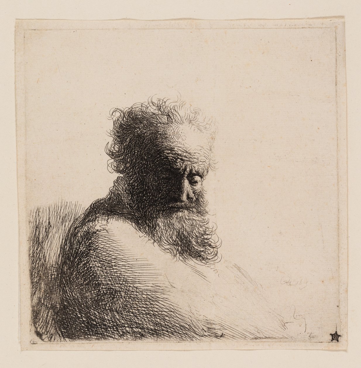 Buste van een Oude Baardige Man, Neerkijkend, Driekwart Rechts door Rembrandt van Rijn