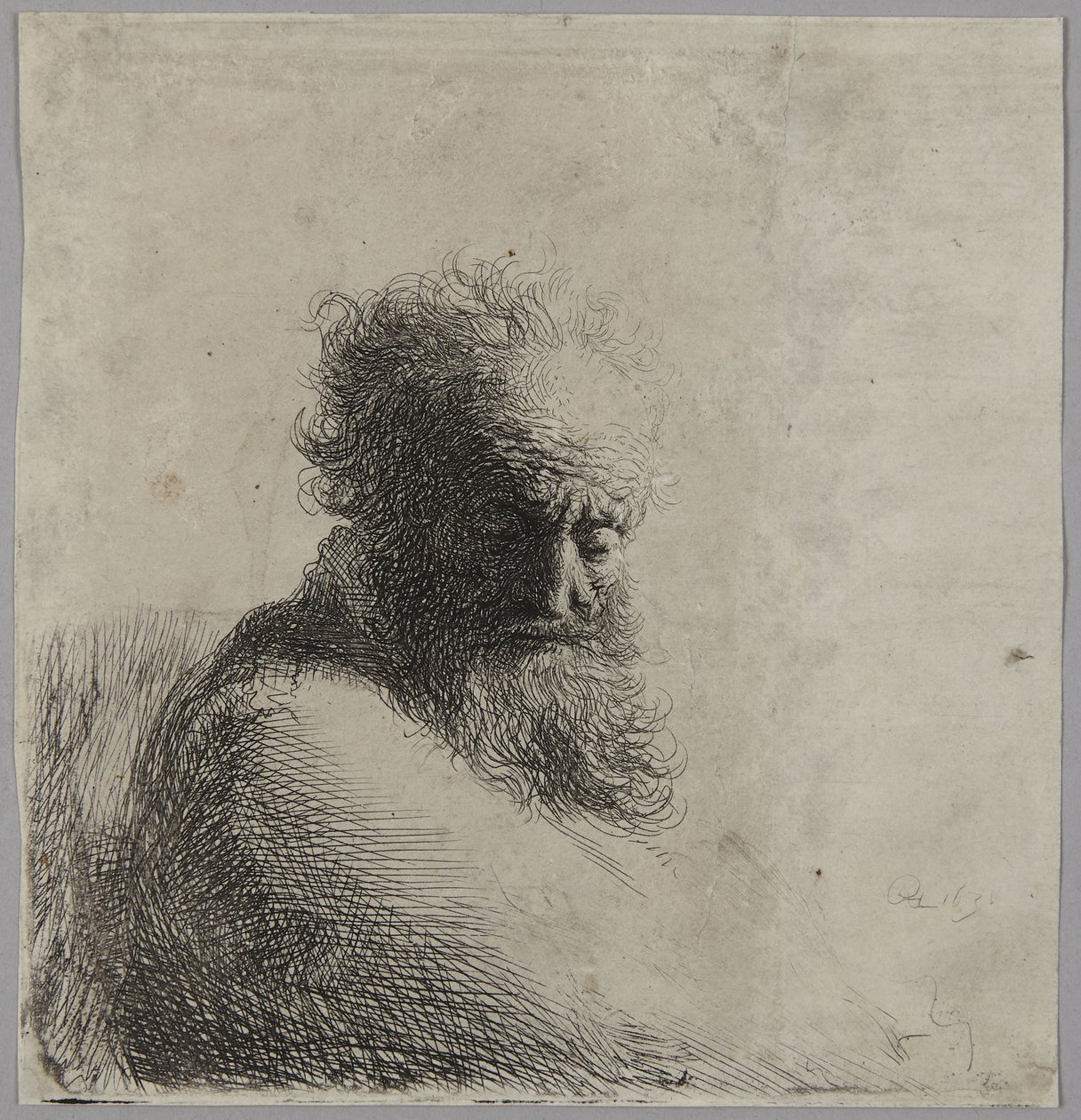 Buste van een oude man, naar beneden kijkend, driekwartprofiel naar rechts door Rembrandt van Rijn