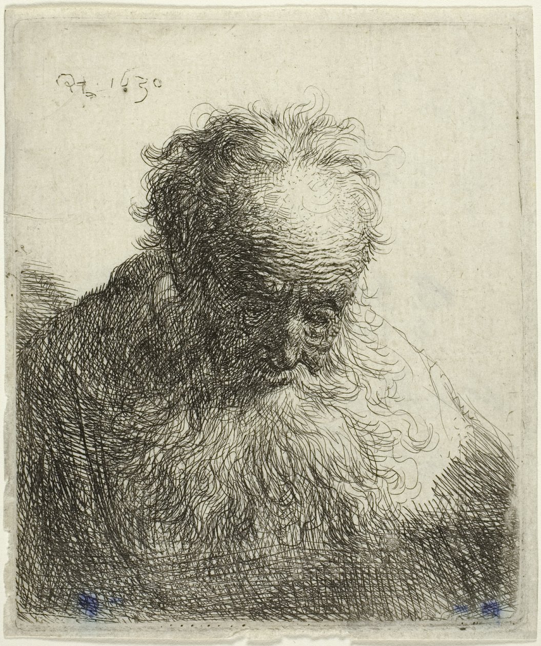 Buste van een oude man met een vloeiende baard: Het hoofd naar voren gebogen: Linkerschouder ongeschaduwd door Rembrandt van Rijn