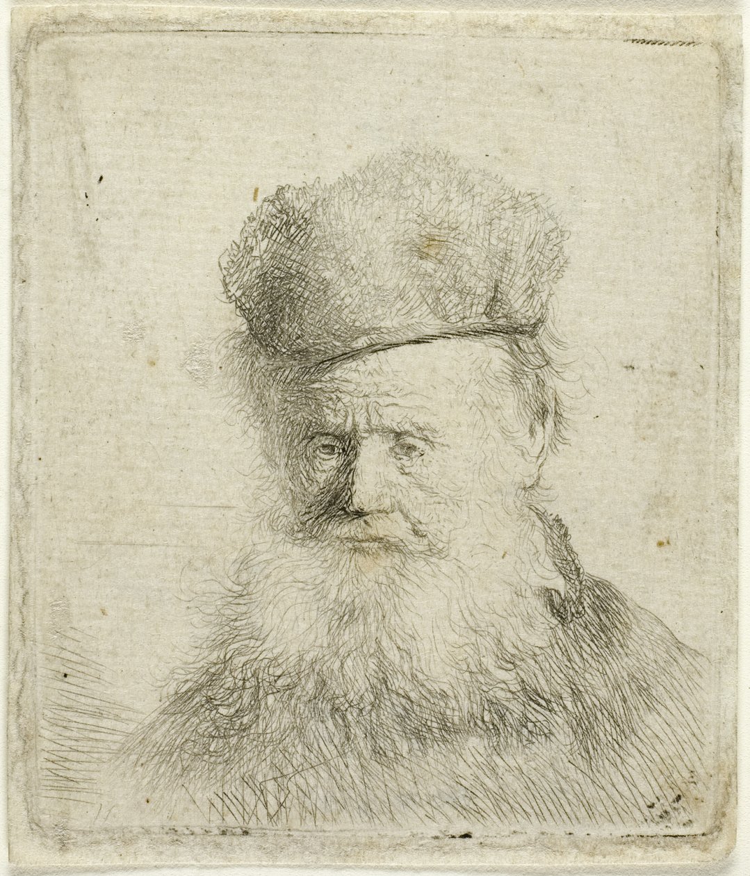 Buste van een oude man met een bontmuts en vloeiende baard, bijna volledig gezicht door Rembrandt van Rijn