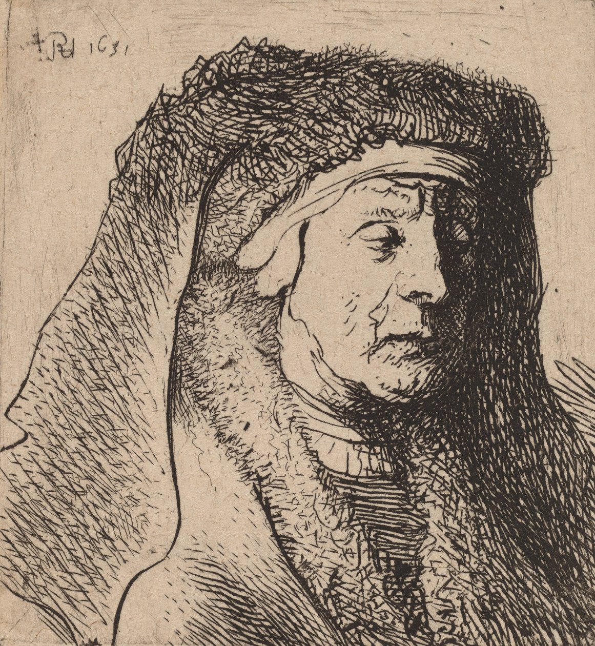 Buste van een oude vrouw in een bontjas en zware hoofdbedekking door Rembrandt van Rijn