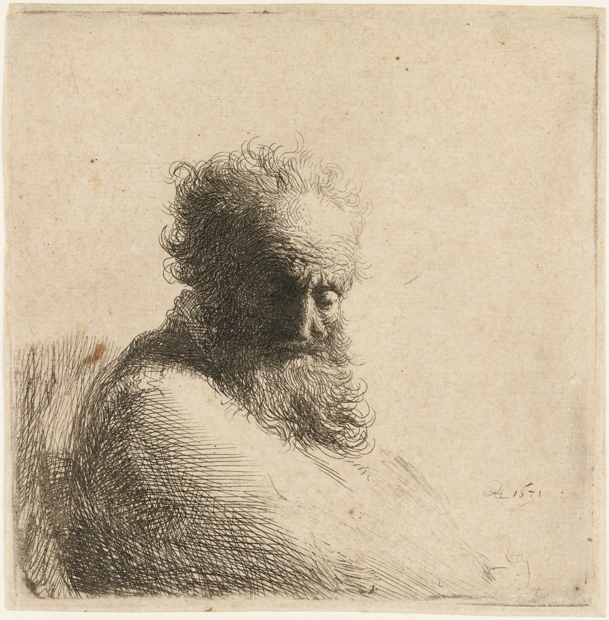 Buste van een oude bebaarde man, naar beneden kijkend, driekwart rechts, 1631 door Rembrandt van Rijn