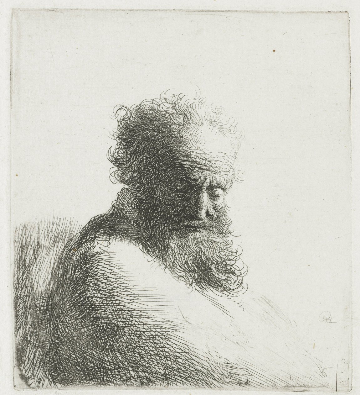 Buste van een oude bebaarde man, kijkend naar beneden, driekwart rechts door Rembrandt van Rijn