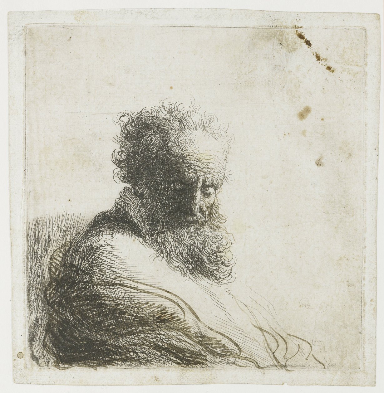 Buste van een oude bebaarde man, naar beneden kijkend, driekwart rechts door Rembrandt van Rijn