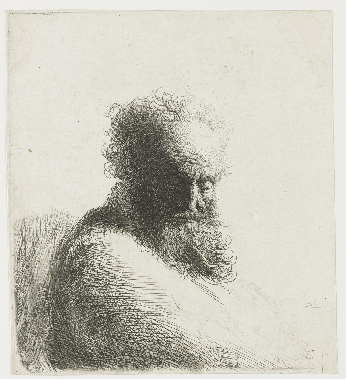 Buste van een oude bebaarde man, naar beneden kijkend, driekwart rechts door Rembrandt van Rijn