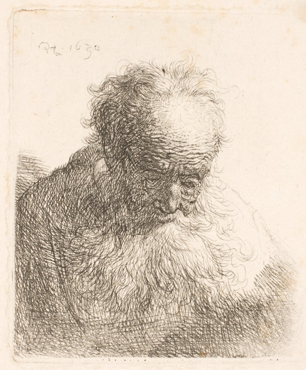 Buste van een oude man met een golvende baard: het hoofd naar voren gebogen; de linkerschouder is niet gearceerd door Rembrandt van Rijn