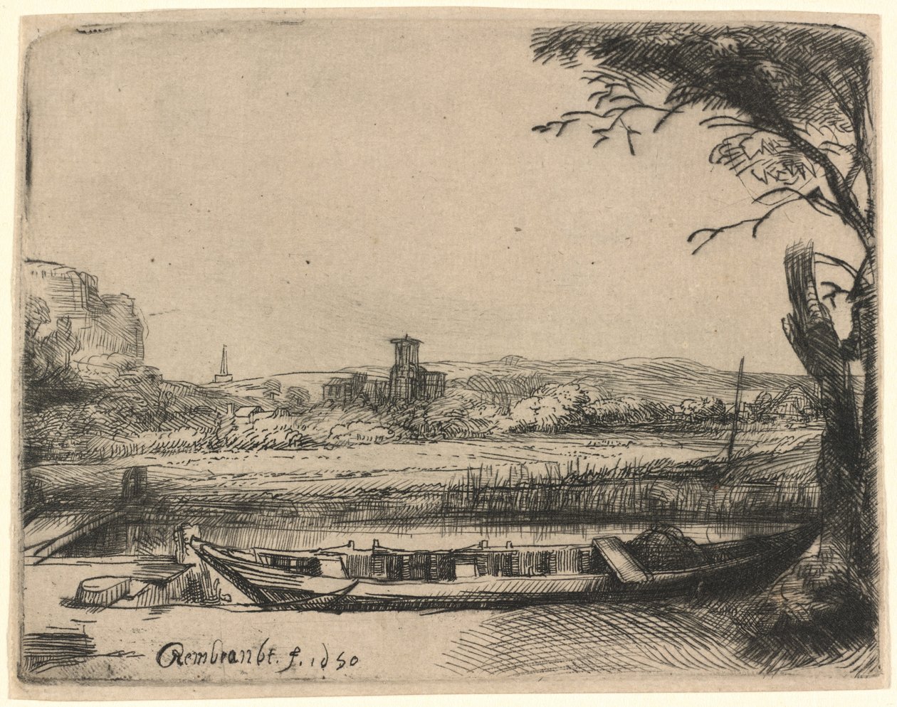 Kanaal met een grote boot en brug door Rembrandt van Rijn