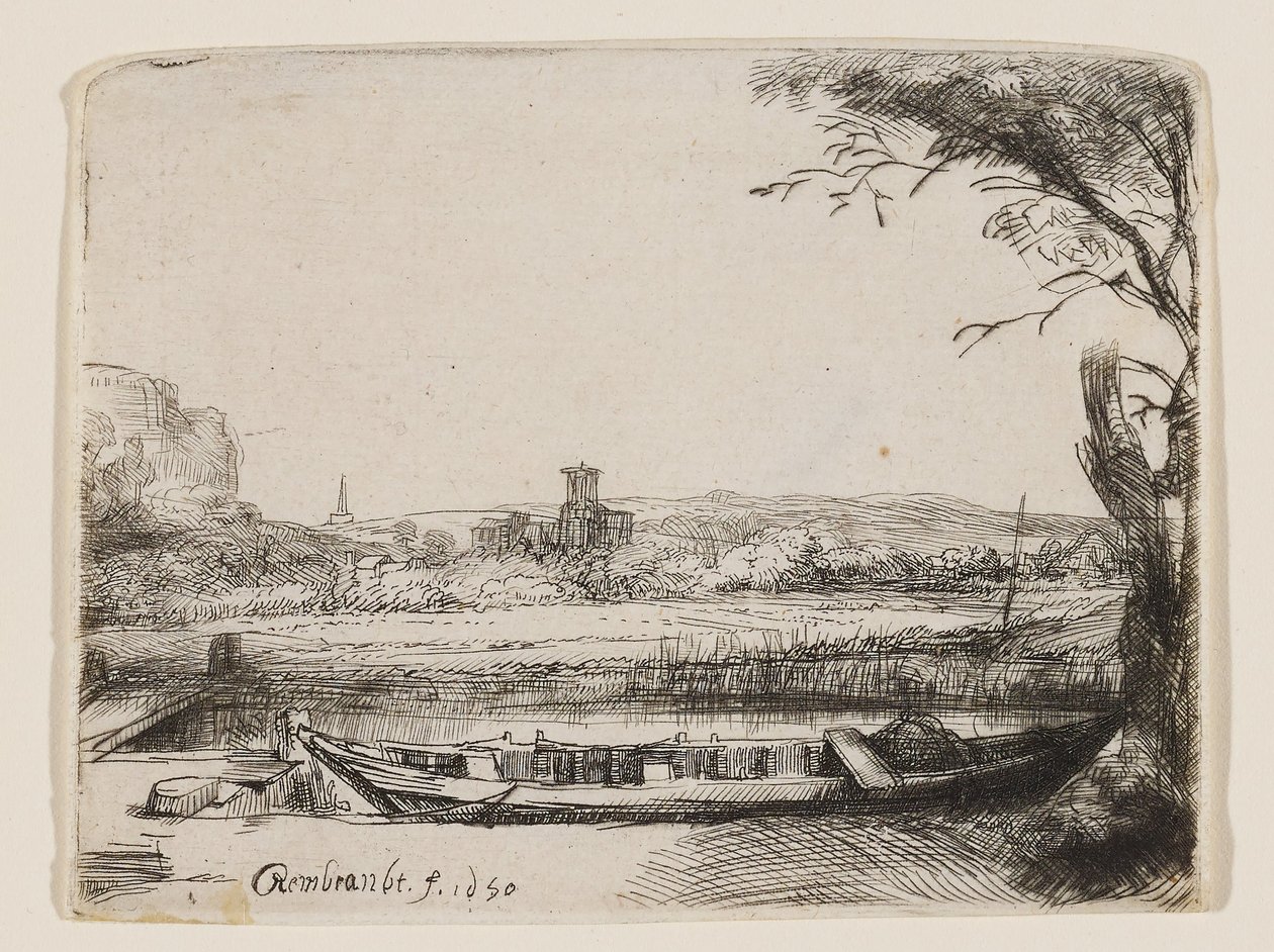 Kanaal met een grote boot en een brug door Rembrandt van Rijn