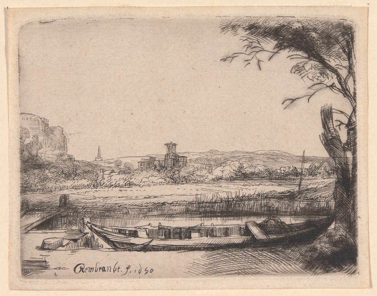 Kanaal met een grote boot en een brug door Rembrandt van Rijn