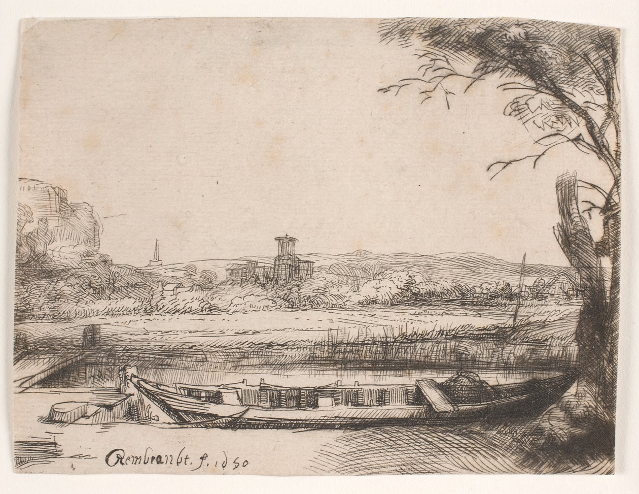 Kanaal met een grote boot en een brug door Rembrandt van Rijn