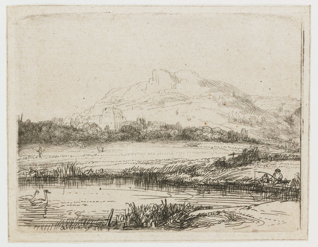Kanaal met een visser en twee zwanen door Rembrandt van Rijn
